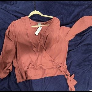 Blush blouse V neck frill with gold dot accent